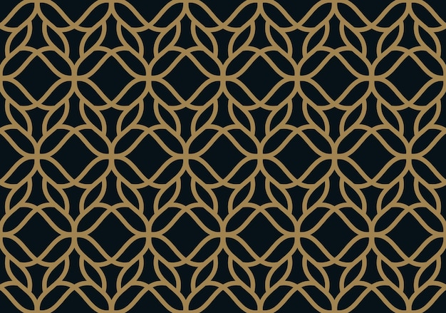 Seamless pattern of intersecting thin gold lines on black background Abstract seamless ornament