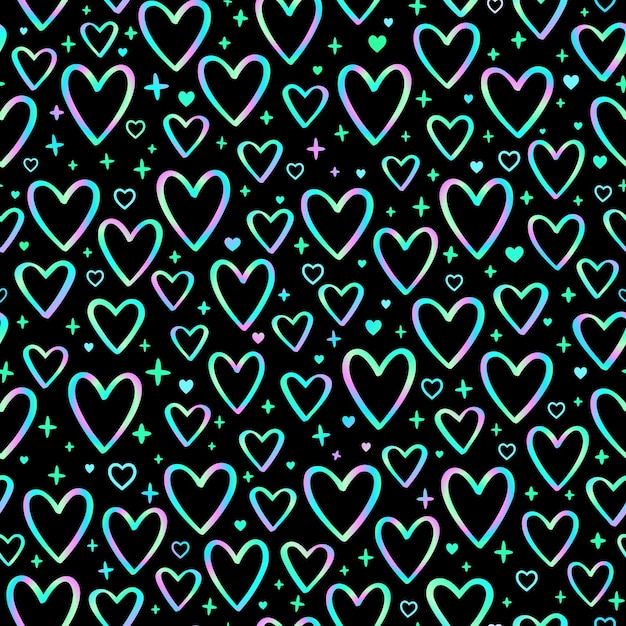 Seamless pattern of iridescent holographic contours of hearts