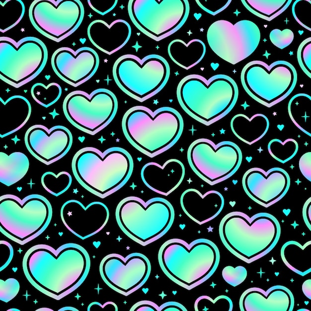 Seamless pattern of iridescent holographic hearts