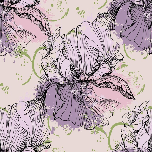 Seamless pattern of iris flowers Beautiful romantic flowers Cottage core aesthetic floral print for fabric scrapbook wrapping card making