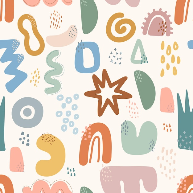 The seamless pattern is modern abstract with natural colorful shapes and blots in boho style