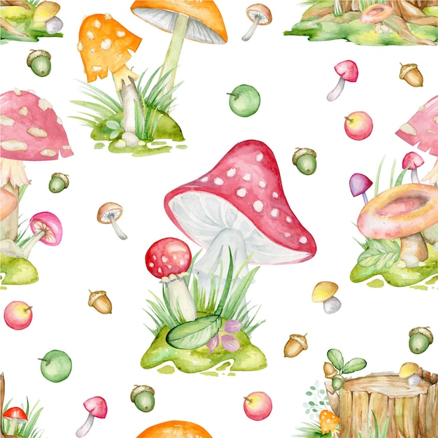 Seamless pattern, su uno sfondo isolato. funghi, foglie, frutti, piante, disegnati a mano, acquerello