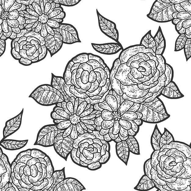 Seamless pattern isolated flower composition Sketch scratch board imitation