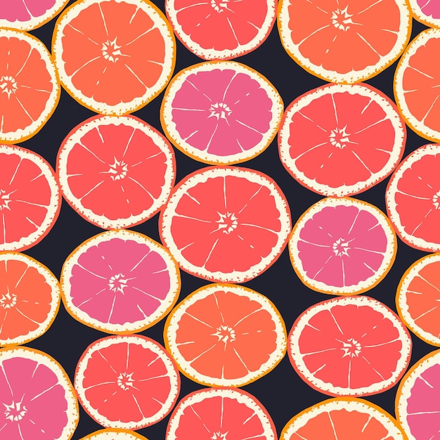 Seamless pattern of isolated hand drawn oranges slices on black