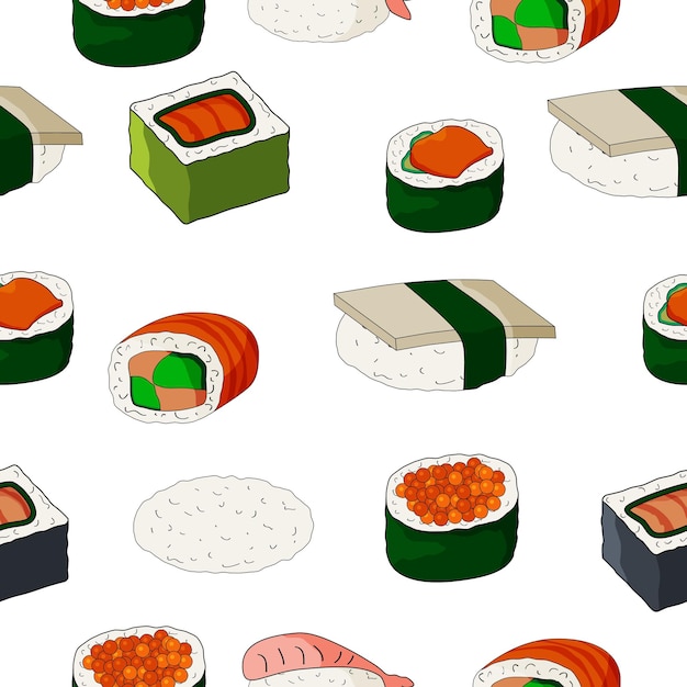 Seamless pattern of japanese foodsushi sashimirolls and fish on a white background