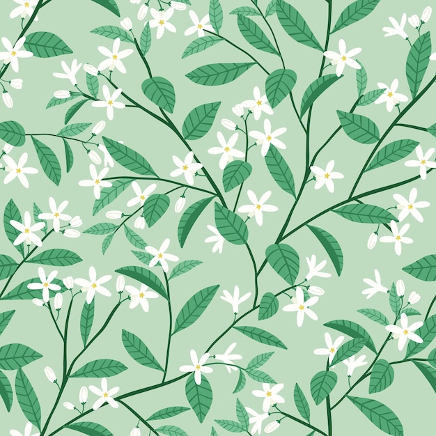 Vector seamless pattern of jasmine plant in green tone