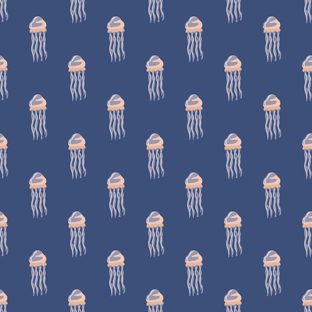 Бесшовные медузы на фиолетовом фоне. минималистский орнамент с морскими животными. геометрический шаблон для ткани. дизайн векторные иллюстрации.