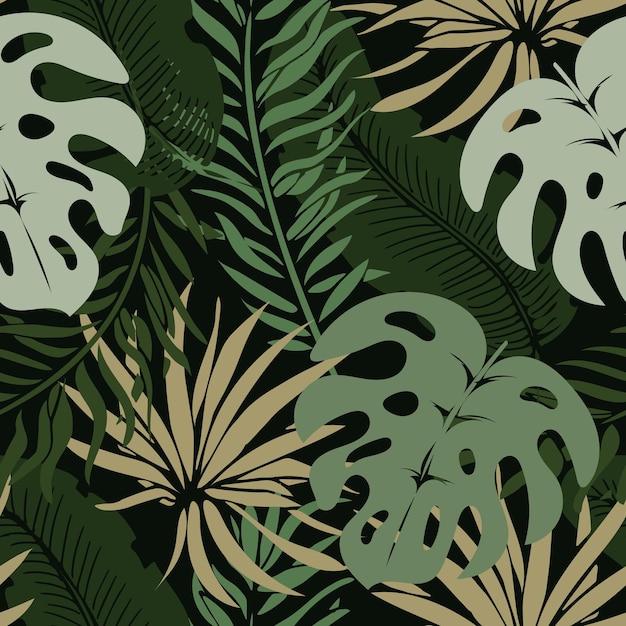 Seamless pattern, jungle, colorful tropical leaves on a dark background. Print, background, textile,