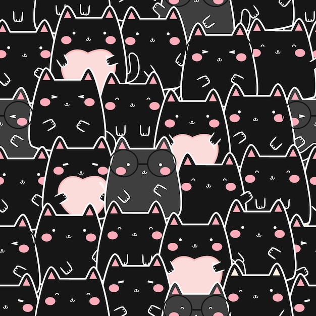 Seamless pattern of kawai cute black cat