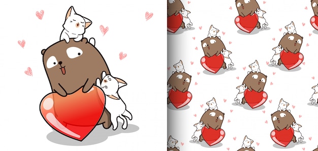 Orso kawaii e gatti senza cuciture con cuore