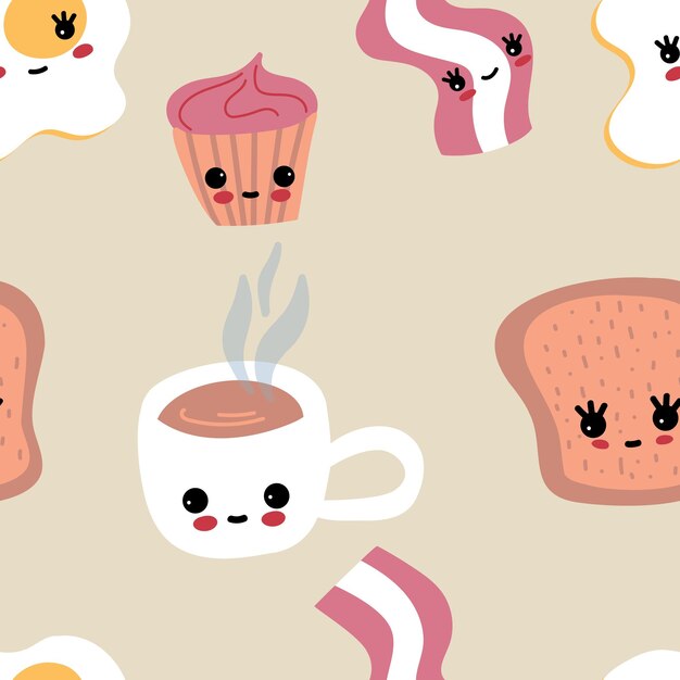 Modello senza cuciture kawaii set colazione bacon uova strapazzate e toast disegnato a mano su uno sfondo isolato prodotti carini elementi decorativi vettoriali per la stampa di carta da parati