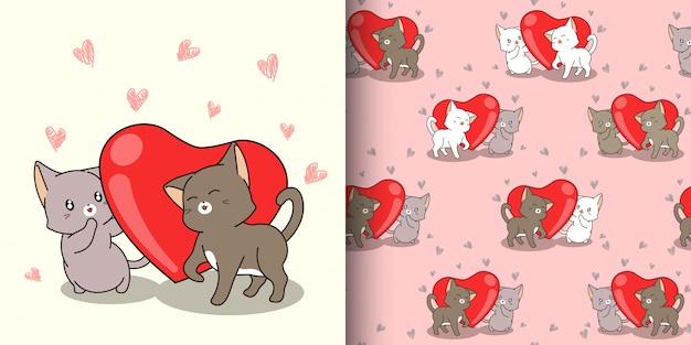 Seamless pattern kawaii cat characters and red heart