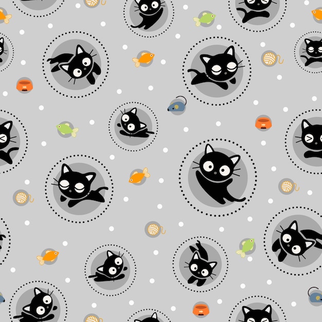 Seamless Pattern Kawaii Cats Cartoon Animals Background Vector Illustration