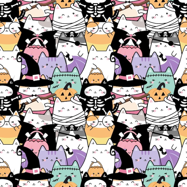 Vector seamless pattern of kawaii cute cat costume for halloween cartoon animals character background