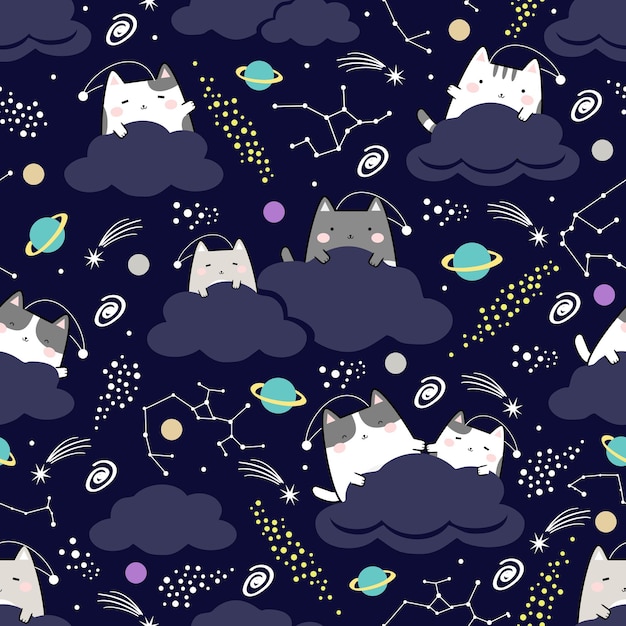 Бесшовный узор kawaii cute cat in space cartoon animals background vector illustration