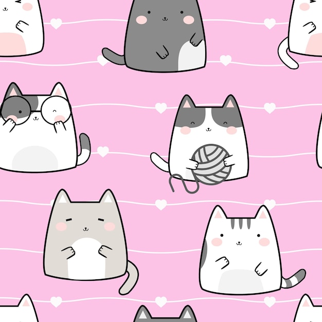 Seamless pattern kawaii cute cats cartoon animals background vector illustration