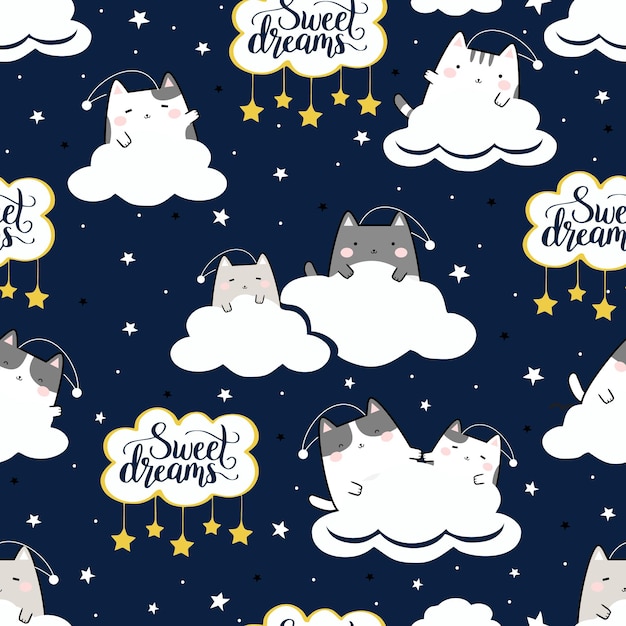 Seamless Pattern Kawaii Cute Cats Sleeping Cartoon Animals Background Vector Illustration Good Ni