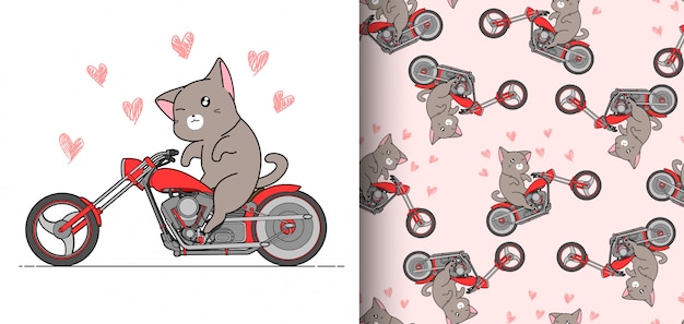 Seamless pattern kawaii rider cat is riding red motorcycle speedy