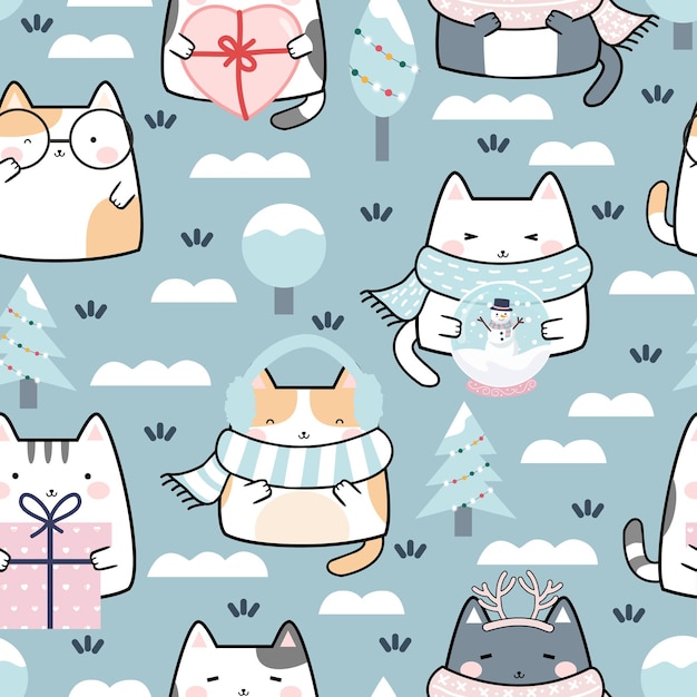 Seamless Pattern Kawaii Winter Cute Cats Cartoon Animals Background Vector Illustration