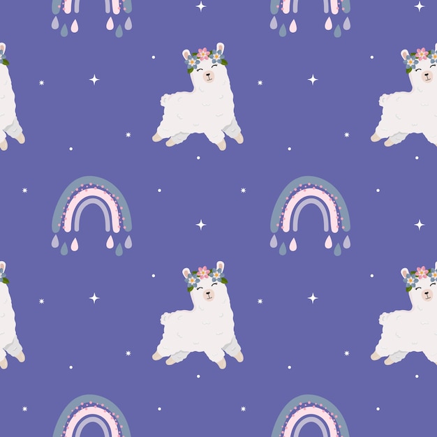 Seamless pattern for kid with cute alpaca llama and rainbow Baby background for tshirt print packaging wrapping paper etc Vector animal background