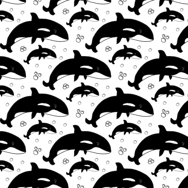 Бесшовный рисунок китов-убийц на белом фоне, векторная иллюстрация