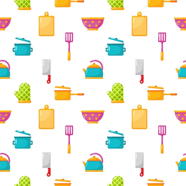 Seamless pattern kitchen appliances and kitchenware icons set isolate on white