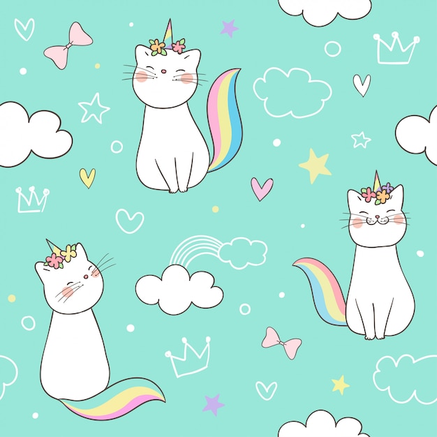 Seamless pattern kitty cat unicorn on pastel.