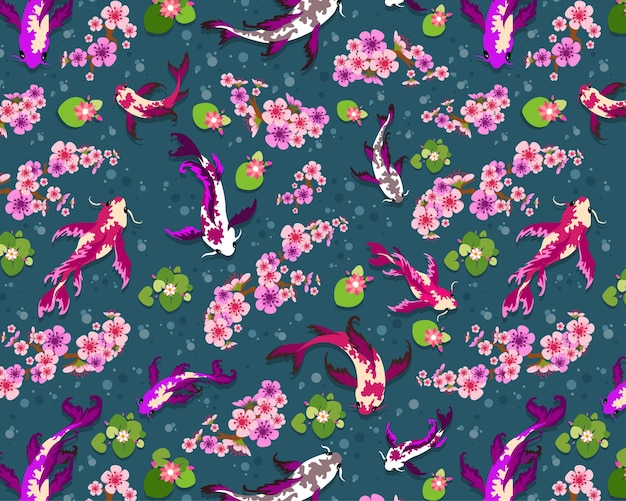 Seamless pattern, koi fish pond carp, cherry blossom