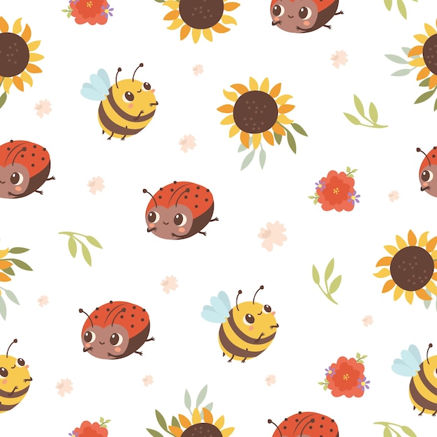 Seamless pattern ladybug and bee with sunflowers