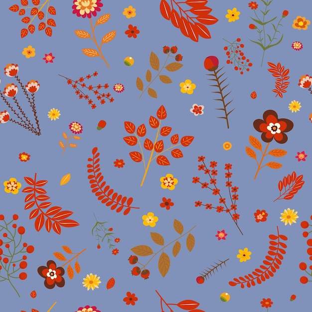 Seamless pattern leaves flowers on a blue background vector
