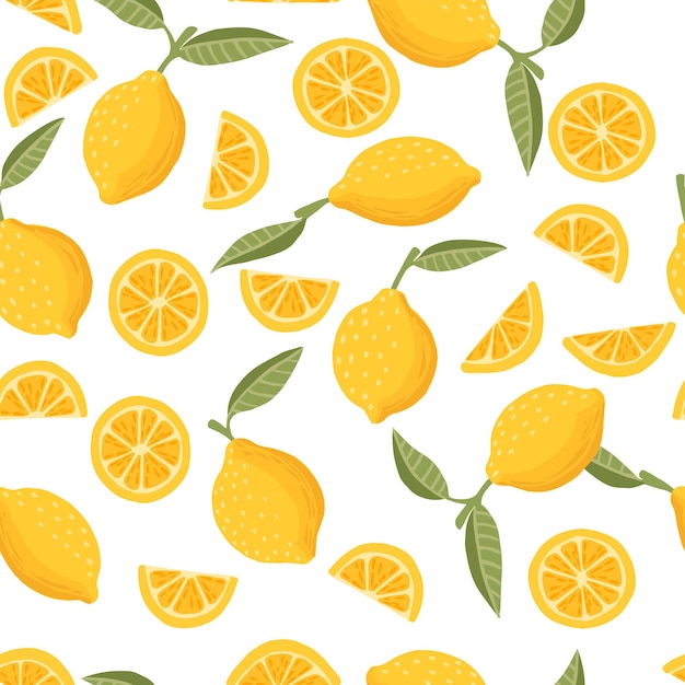 Seamless pattern of lemon citrus yellow fruit whole halved and sliced with green leaves flat vector illustration on white background