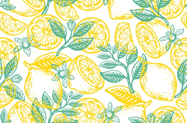 seamless pattern of lemon fruits vintage