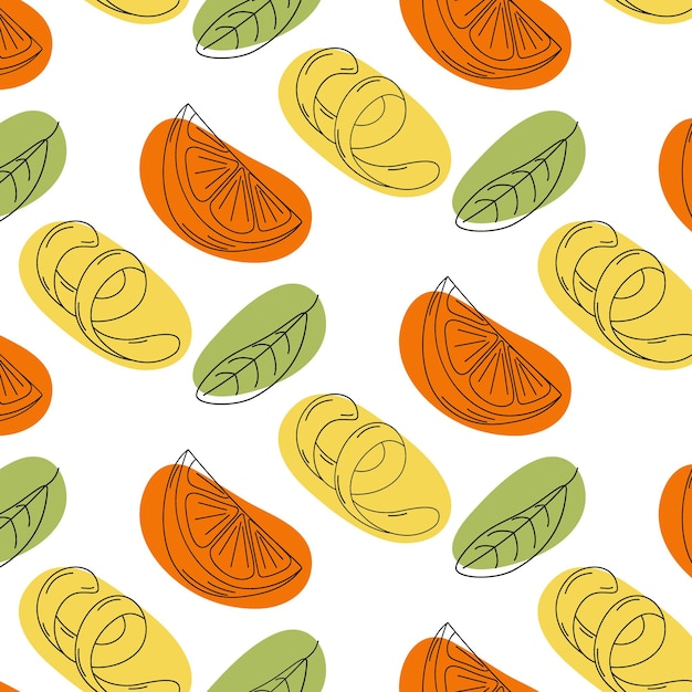 Seamless pattern of lemon zest orange slice and green leaf with colorful abstract spots in trendy shades Vector illustration EPS Background texture Isolate Good for wrapping wallpaper or poster