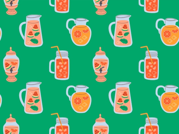 Seamless pattern of lemonade jugs with ice cube and various fruits Refreshing drink with mint leaves in pitcher with straw flat vector illustration