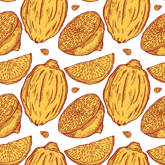 Seamless pattern lemons seamless pattern Vintage background with whole lemon sliced half leaf and seed in hand drawn style Citrus design texture for print fabric wrapping wallpaper tissue