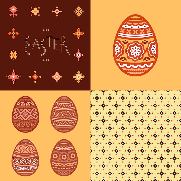 Vector seamless pattern, lettering and colorful easter egg flat icons painted in traditional style.