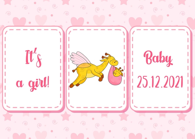 Seamless pattern and lettering. a postcard for a newborn. funny flying giraffe. hello baby. congratulations on the birth of a child. birth certificate. hello world.