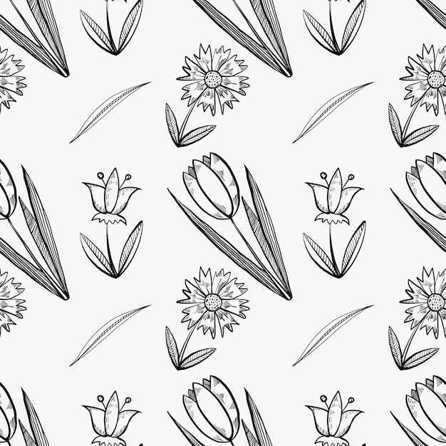 Seamless pattern on a light background drawn in a vector Black and white flowers