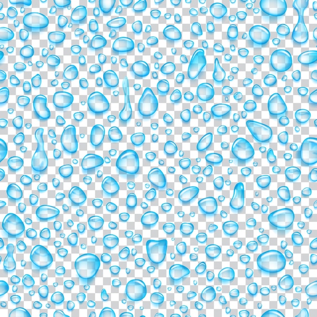 seamless pattern of light blue translucent water drops of different shapes