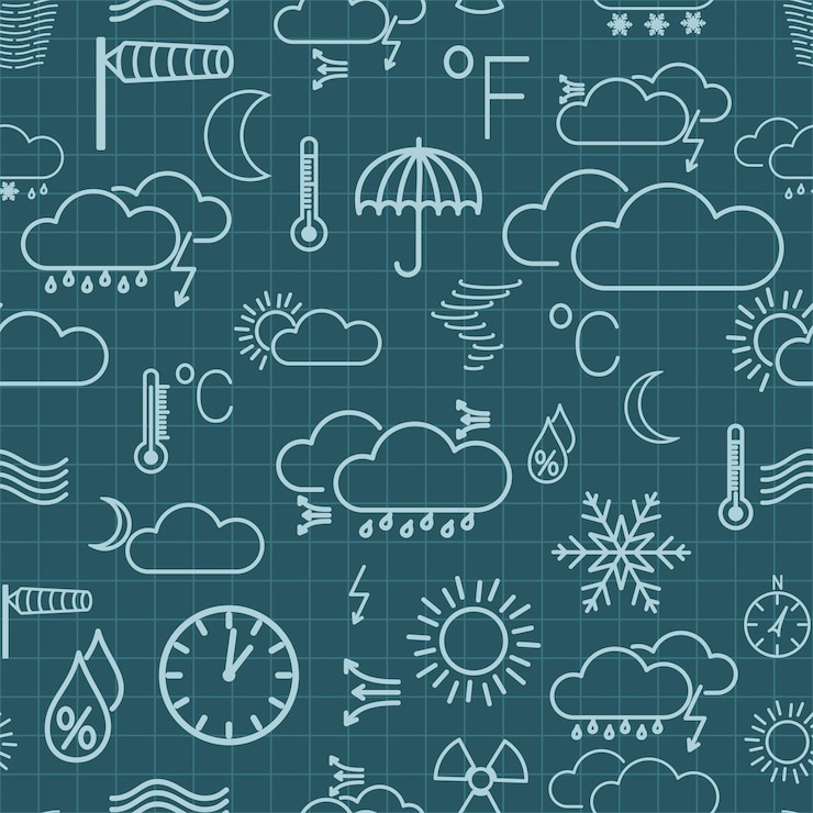 Vector seamless pattern of light blue weather symbols on dark blue checkered background