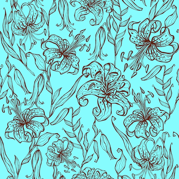 Vector seamless pattern of lily flowers on turquoise.