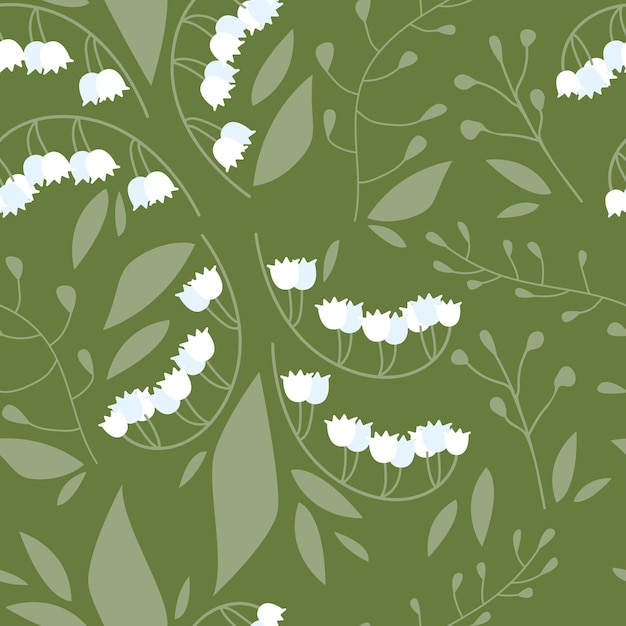 Seamless pattern Lily of the valley on an isolated background Vector flat illustration of summer flowerxASpringtime floral print for textile decor wallpaper