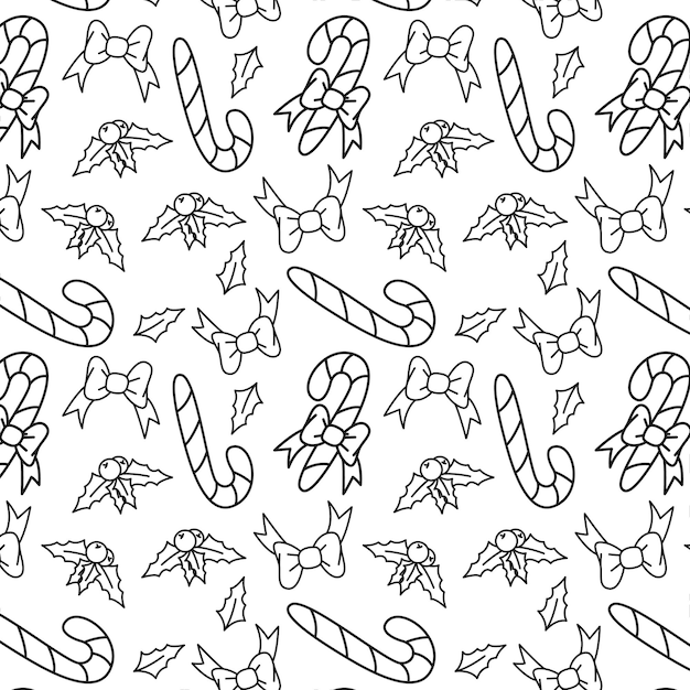 seamless pattern in line art style on the theme of christmas and new year elements of socks and bows Patern on white background