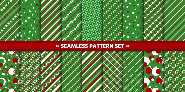 Vector seamless pattern line circle star set, paper wrap,  green red white.