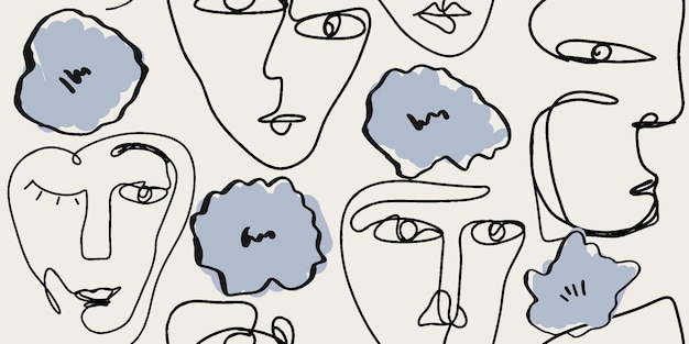 Vector seamless pattern line drawing of women with different faces and floral flowers