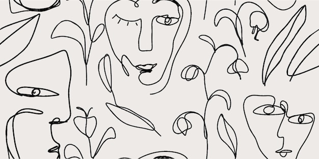 Seamless pattern line drawing of women with different faces and flowers