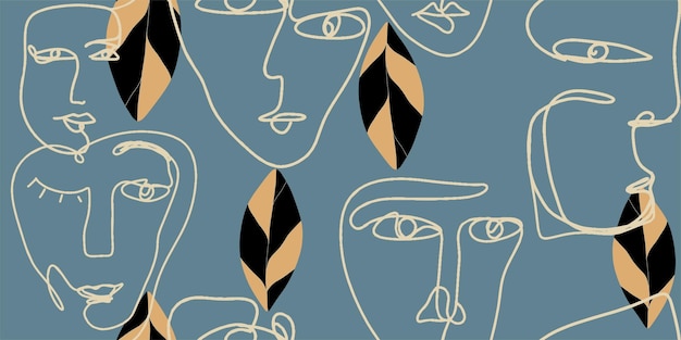 Seamless pattern line drawing of women with different faces and flowers