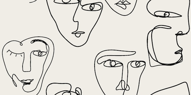異なる顔を持つ女性のシームレスパターンラインの絵
