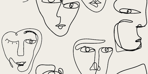 Seamless pattern line drawing of women with different faces