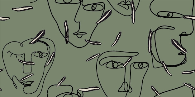 Seamless pattern line drawing of women with different faces